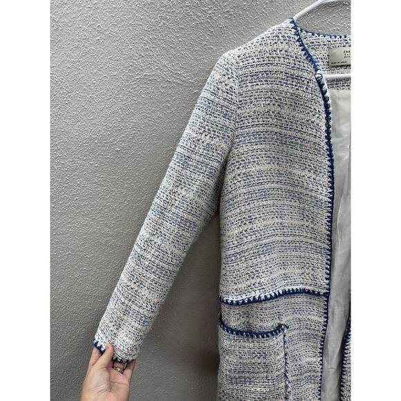 Zara Basic Outerwear Womens Coat Size XS White Blue Tweed Open Front Lined - Picture 2 of 11